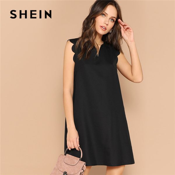

shein lady solid v-neck scallop trim trapeze mini dress women clothes 2019 casual sleeveless loose tank summer dress, Black;gray