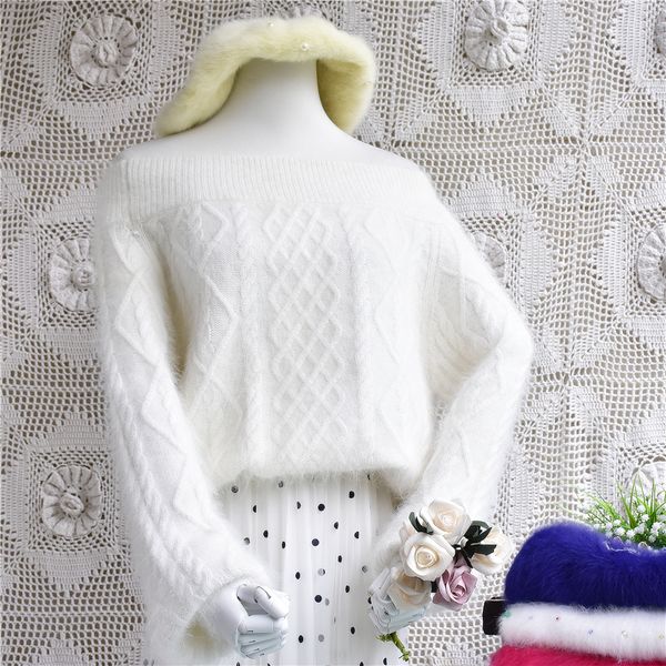 

fashion women's autumn and winter sweater knitted hair angora one word long sleeve pure white sweater pullover short, White;black
