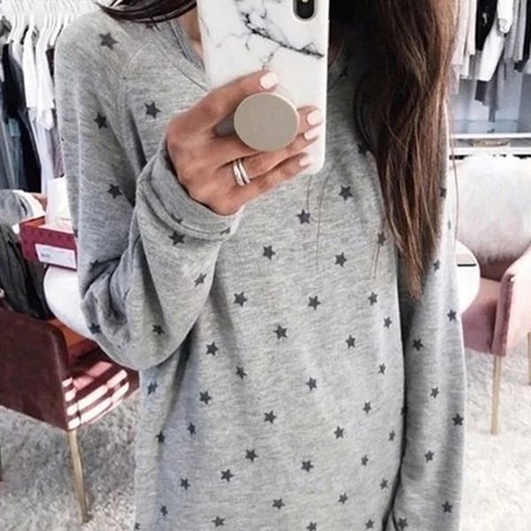 

women oversize loose t-shirt fall long sleeve round neck tee ladies baggy plus size casual print clothes t shirt, White