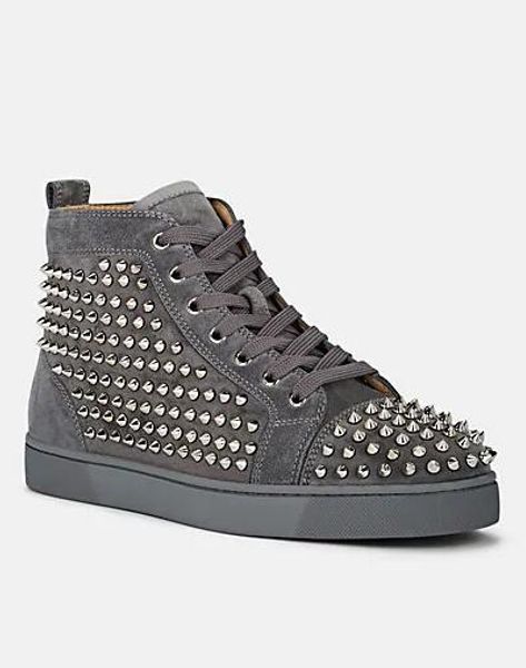 

with box,eu35-46]luxury designer studded grey suede leather hi spikes red bottom sneakers outdoor trainers,perfect walking, Black