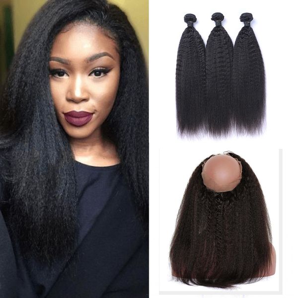

9a pre plucked brazilian kinky straight human hair weaves with 360 lace band frontal virgin human hair with bady hair 4pcs/lot, Black;brown