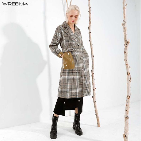 

wreeima 2019 new autumn winter lapel long sleeve green plaid printed loose pvc belt stitch woolen coat women fashion tide, Black