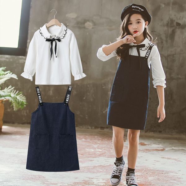 

kids girl clothes autumn clothing set 2019 new korean lacework pullover + suspender skirt spring fall skirt outfits 10 12yrs t200413, White