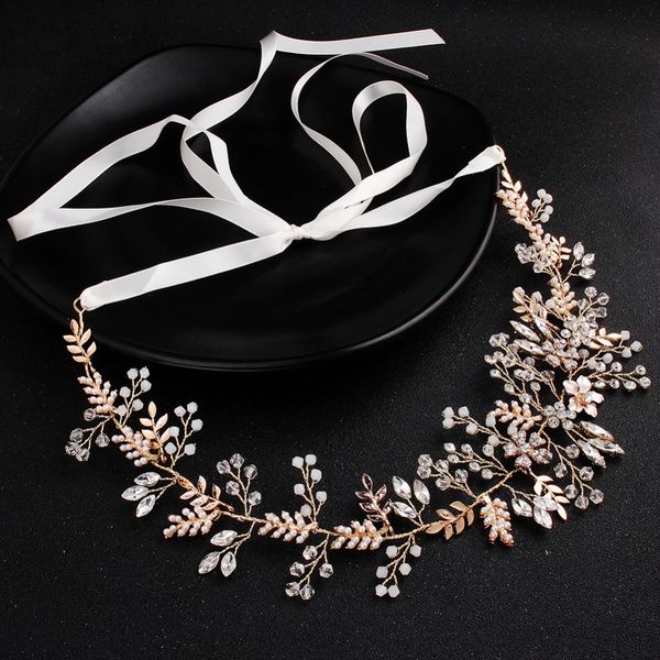 

gold color leaf hair bands wedding hair ornament accessories crystal ribbon head rhinestone hair bands women bridal tiara, Golden;white