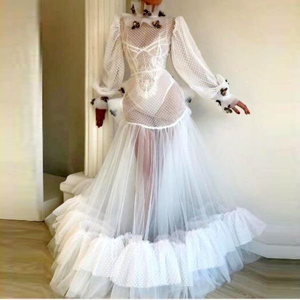 White Prom Dresses Illusion Long Sleeve Appliques Sheer Neck Tiered Tulle Long Sleeves Evening Gowns See Through African Party Gowns