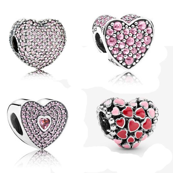 

100% real 925 sterling silver pink cz multi style heart charms knotted charm beads fit original charms bracelet jewelry