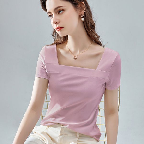 

2020 women's short-sleeved t-shirt fashion summer new solid color wild square collar half-sleeved tight t-shirt size s-3xl, White