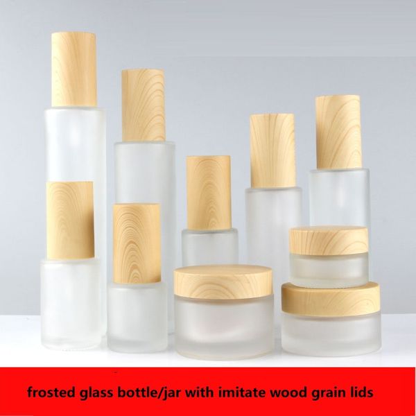 

300pcs frosted glass 20/30/40/60/100/120ml/ serum/lotion/emulsion/spray bottle 20/30/50g jar with imitate wood grain lids