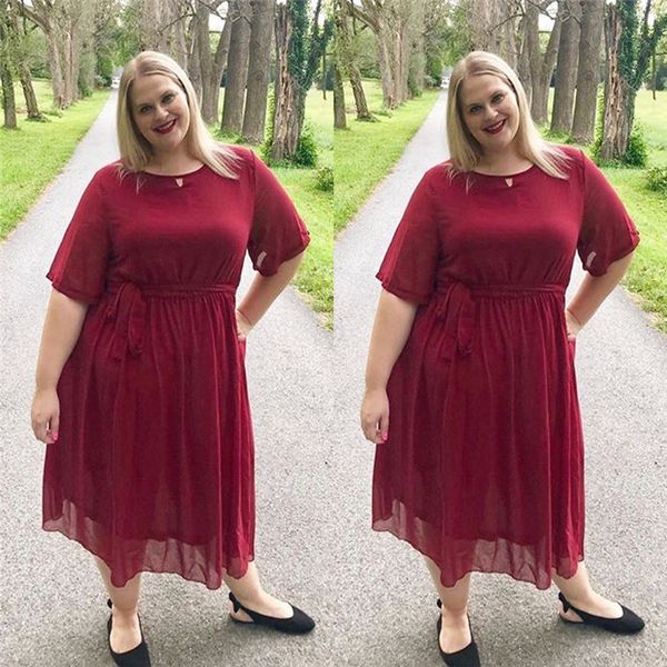 

elegant jewel plus size mother of the bride dress chiffon tea length with short sleeves custom made, Black;red