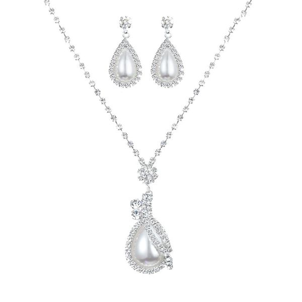 

2pcs/set water drop faux pearl rhinestone chain necklace earrings bridal jewelry 2019, Silver