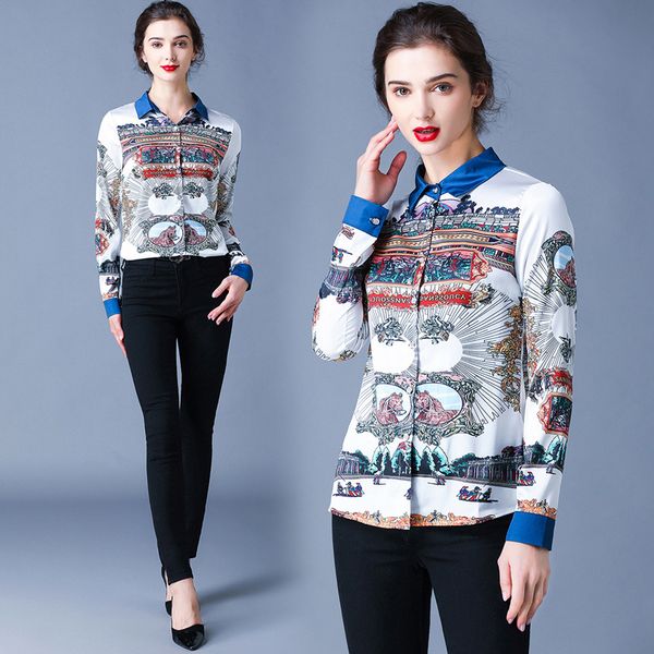 

2020 new designer printed button shirts women fashion long sleeve lapel neck classic ladies runway shirt blouses elegant office shirts, White