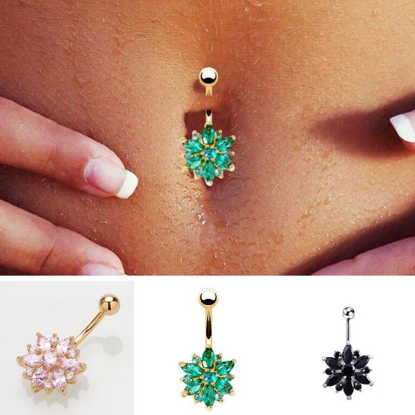 

316l stainless steel green flower crystal navel bars gold belly button ring navel piercing jewelry 1.6*10*5*8mm gift ing, Silver