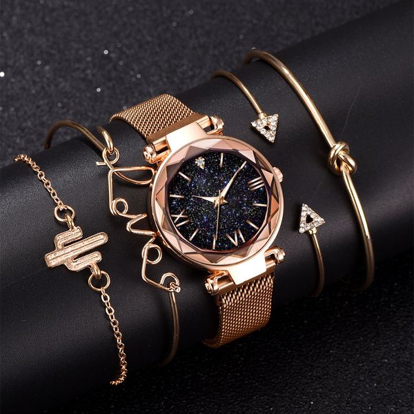 

5pcs set 2019 luxury watches women bracelet set starry sky ladies bracelet watch casual quartz wristwatch clock relogio feminino, Slivery;brown