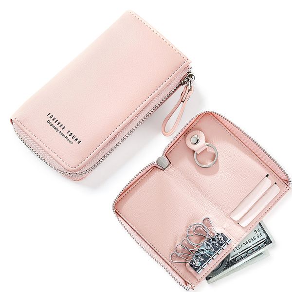 

lady key wallet women pu leather solid key chain zipper girl housekeeper keys cover organizer case female key holder bag, Slivery;golden