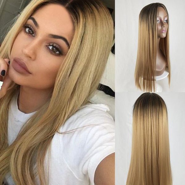 

24" ombre synthetic wig black mix blonde lace front wigs for women synthetic hair wavy wig heat safe role-playing cosplay wigs