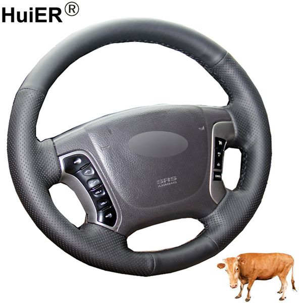 

hand sewing car steering wheel cover braid volant funda volante cow leather for santa fe 2007-2009 2010 2011 2012