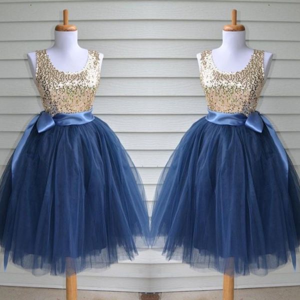 Abiti da damigella d'onore in tulle blu e paillettes oro per matrimonio Abito corto da damigella d'onore con fascia in nastro Abito da cocktail economico