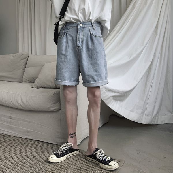 

solid color blue shorts men denim shorts classic vintage high waist blue wide leg caual summer ladies jeans for man, White;black