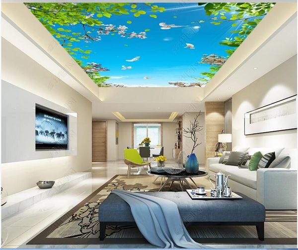 

3d ceiling mural wallpaper custom p fresh and beautiful flower branch green leaves blue sky white dove stretch wallpaper for walls 3 d