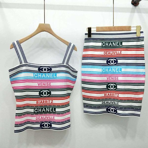 

Women luxury dre e iced triped jacquard letter print ling half kirt knitted two piece et de igner uit with tripe pattern