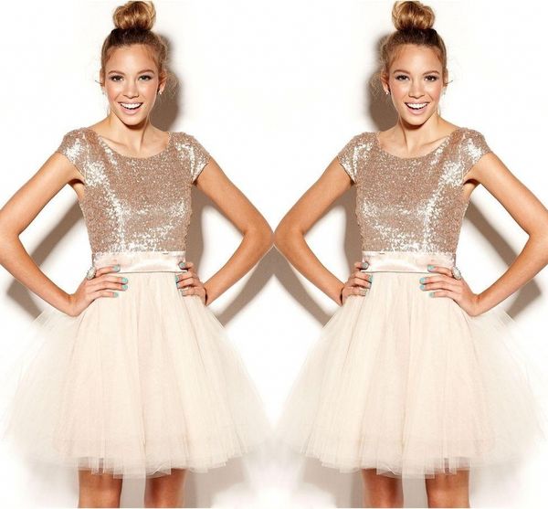 

2020 champagne homecoming dresses short rose gold sequins tulle sweet 16 juniors prom dress party gowns semi formal plus size tutu skirt, Blue;pink