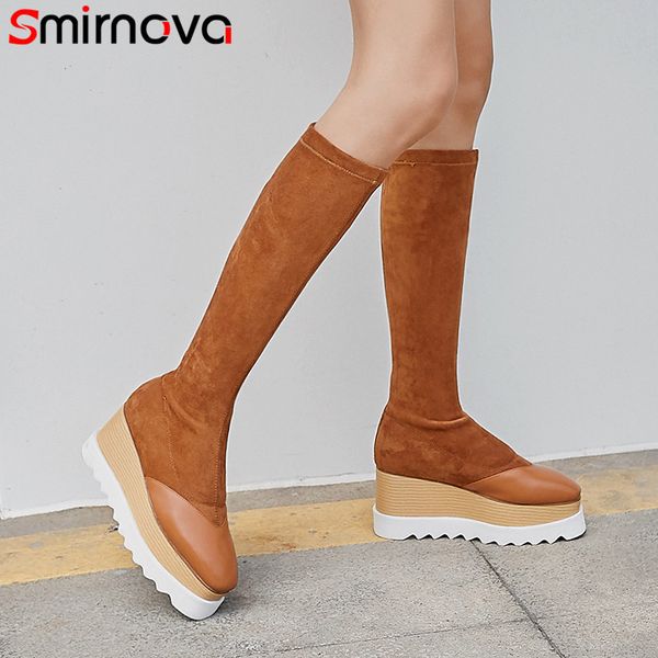 

smirnova 2020 new knee high boots women square toe zlop on stretch+cow leather boots elegant platform wedges ladies, Black