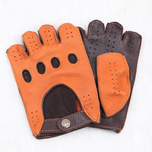 

fashion lady buckskin gloves driving non-slip semi-finger genuine leather woman deerskin gloves breathable unlined el116, Blue;gray