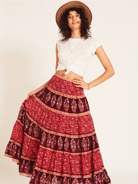 

vintage red floral print holiday bohemia a-line skirt women high waist side zipper big swing long pleated skirt party beach, Black