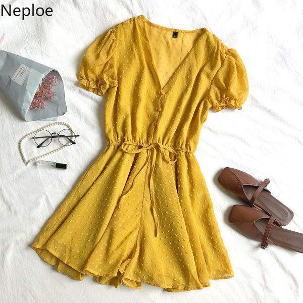 

neploe summer beach wear playsuits jumpsuits women puff sleeve v-neck lady rompers loose waist drawstring elegant overalls 38781, Black;white