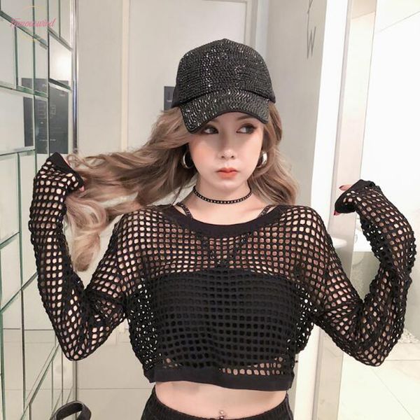 

t shirts women short length hollow out long sleeve mesh fabric women tees loose women t shirt, White