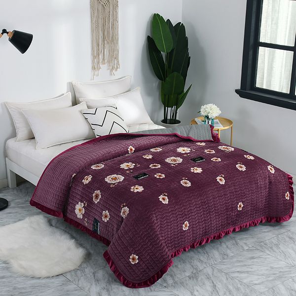 

floral on purple plush warm luxury quilted bedspread ruffled edge throw blanket queen size bed cover set sofa cover super soft