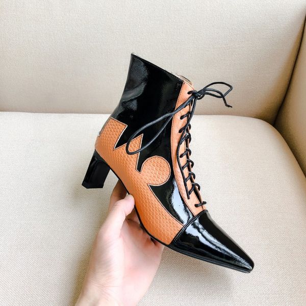 

mljuese 2020 women ankle boots cow leather winter short plush yellow color high heels boots lace up pointed toe women 40, Black