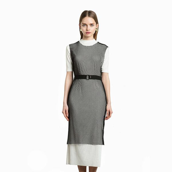 

casual dresses xl plus size office lady black mesh 2 pieces dress women midi-length short sleeve elegant vestidos, Black;gray