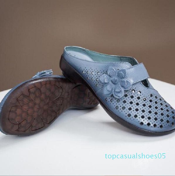 

summer slipper shoes women slides retro slip on hollow women flat sandals handmade flower genuine leather mother shoes t05, Black