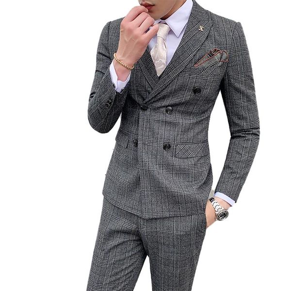 

two piece set brand mens suits male suit wedding double breasted suit slim gray plaid business men dark brown tuxedo blazer, White;black
