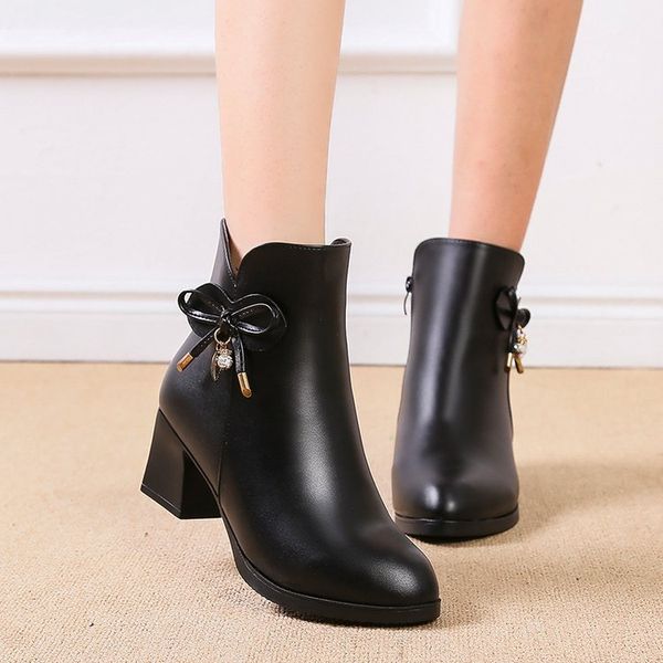 

round toe shoes white ankle boots boots-women zipper booties ladies winter footwear low 2019 rubber autumn med high heel rock, Black