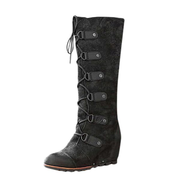 

outdoor women's round toe thick bottom wedges lace-up keep warm shoes long boots boots botas feminino para inverno, Black