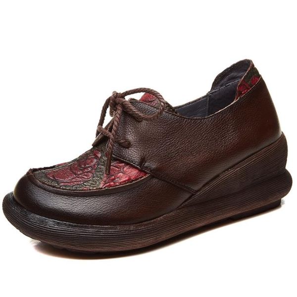 

genuine leather wedges with beef tendon sole round head retro ethnic style cowhide lacing flowers women's shoes, Red;white
