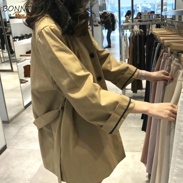 

women's trench coats women pure khaki slim spring chic korean style loose buttons belt minimalist feminino coat oversize all-match est, Tan;black