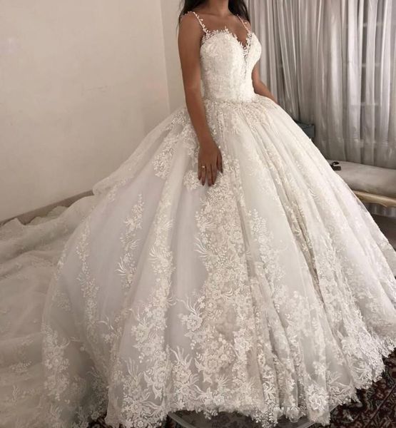 

ball gown lace wedding dresses spaghetti straps custom made vintage plus size wedding dress long train country style bridal gowns cheap, White