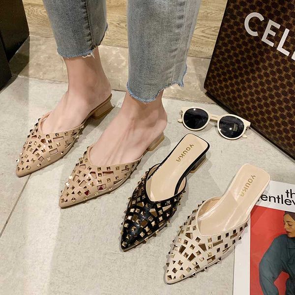 

2020 closed toe slippers women rivet low heels slides ladies slipper flip flops chunky heel mule zapatos de mujer, Black