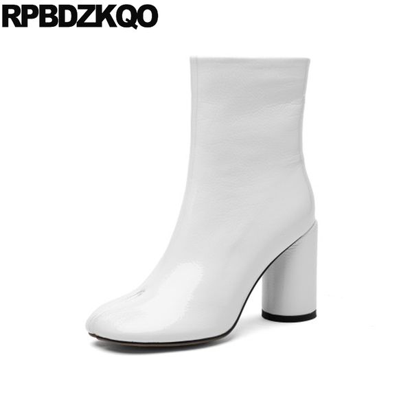 

split toe chunky winter side zip boots fur high heel block ankle strange shoes 2019 black women thick genuine leather autumn