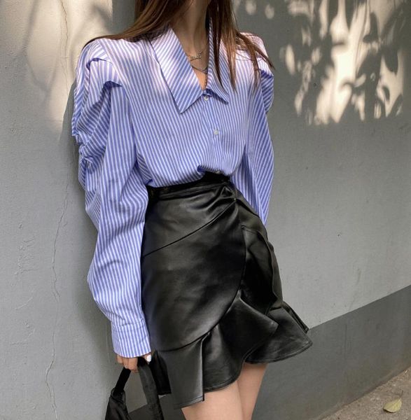 

2020 spring summer women puff full sleeve blouses women loose striped shirts casual fashion oversize all-match wb40, White