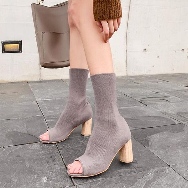 

mhysa 2019 women high-heeled fish mouth booties women boots fashion casual mid-calf boots knitting wool booties, Black