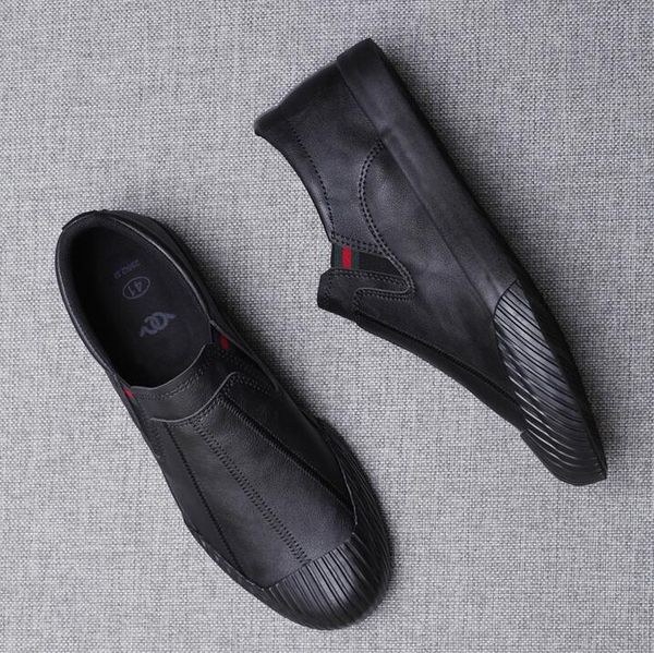 

2019 new fashion men leather elastic band lightweight casual shoes trend shoes cool loafers flats, Black