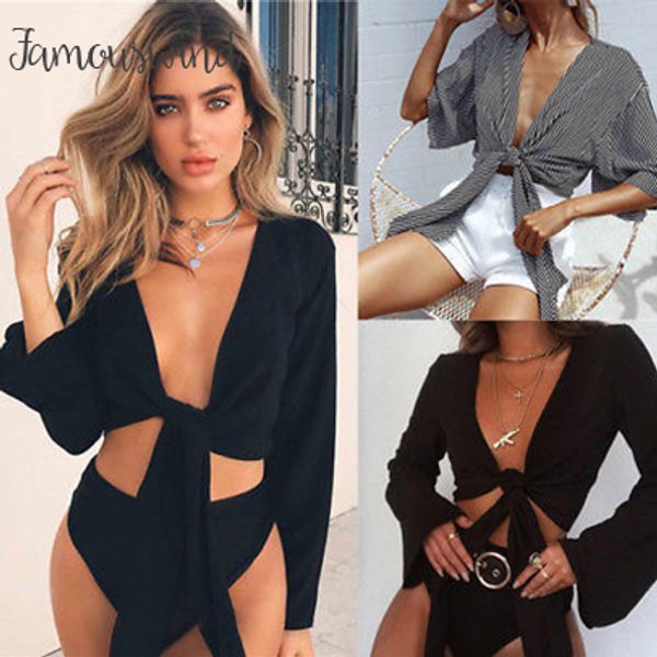 

топы новые au мода hot sexy женщин summer tie knot crop top дамы рукава расклешенные plungė шеи, White