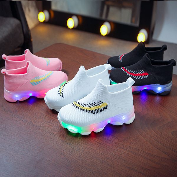 

winter girls shoes sports led weave baby tenis casual breathable kids sneakers socks shoes toddler boy, Black
