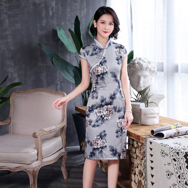 

атласный принт цветок женщины длинный qipao с коротким рукавом мандарин воротник cheongsam китайский традиционный сексуальный тонкий высокий, Red