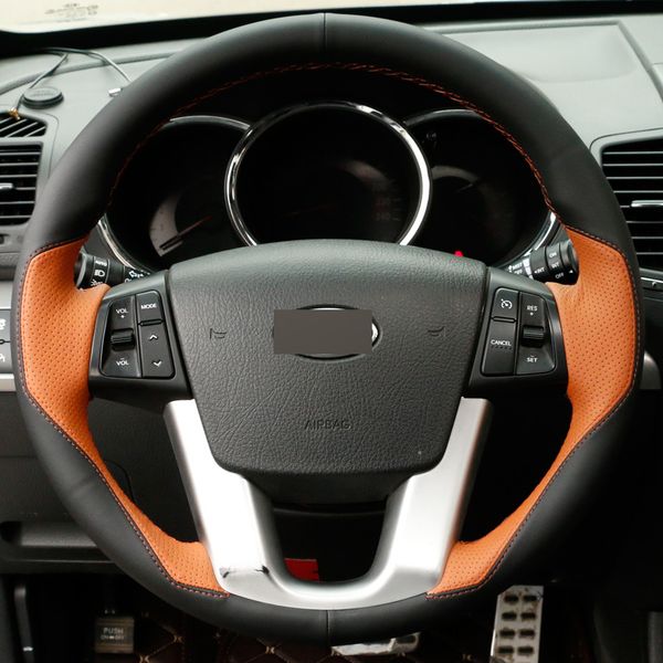 

orange black leather diy hand-stitched car steering wheel cover for kia sorento 2009-2014
