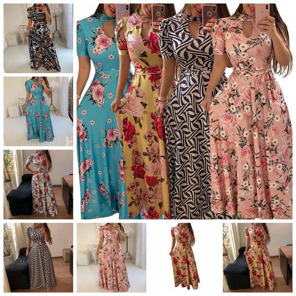 

dresses european spring and summer fashion digital printing round neck short-sleeved casual trousers belt dress, support mixed batch, Black;gray